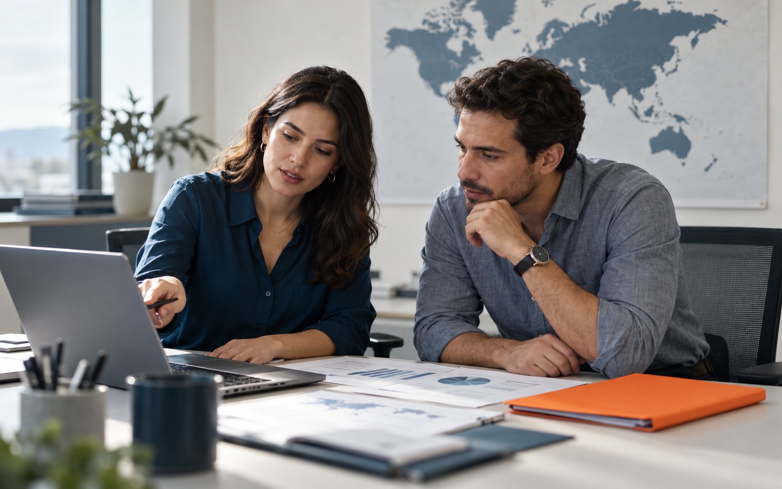 Equipo de compras de una importadora revisando un plan de compra en la laptop, con un mapa del mundo de fondo